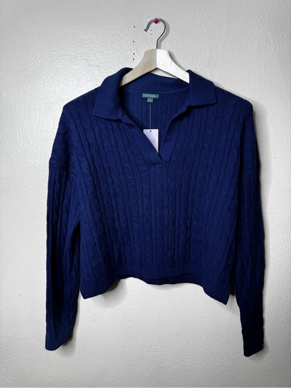 Wild Fable Women’s Small Navy Blue Cable Knit Collared Sweater Crop Pullover NWT